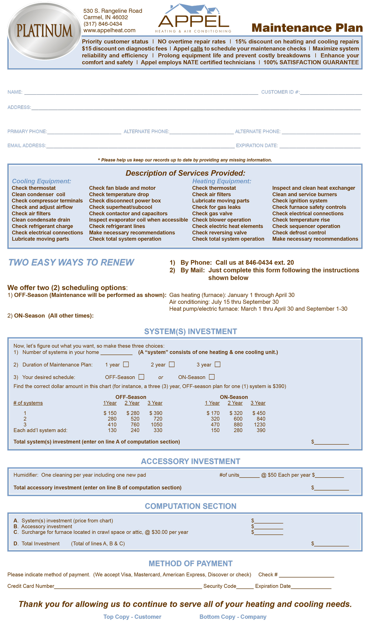 screenshot of Appel's platinum maintenance plan sample contract